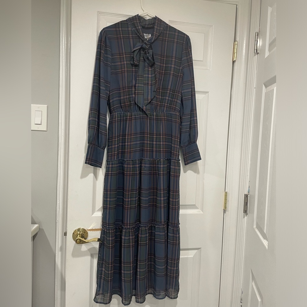 Plaid Long Sleeve Tiered Midi Dress